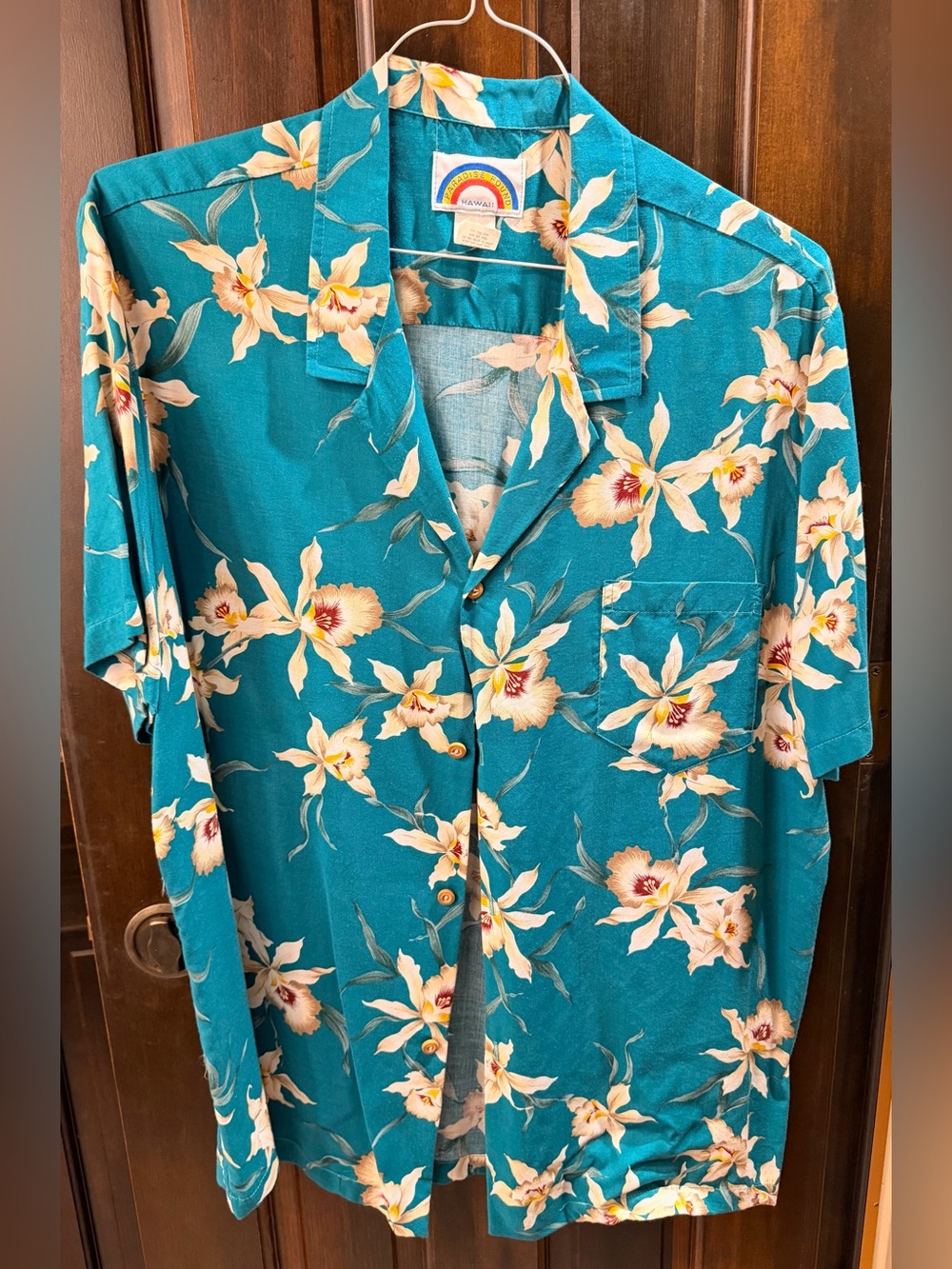 VTG 70s Paradise Found Hawaii Teal Orchid Hawaiian Aloha Shirt